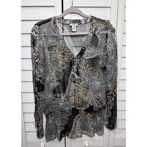 Cache Vintage Y2K Leopard Print 100% Silk Long Sleeve Peplum Top Women's Size S